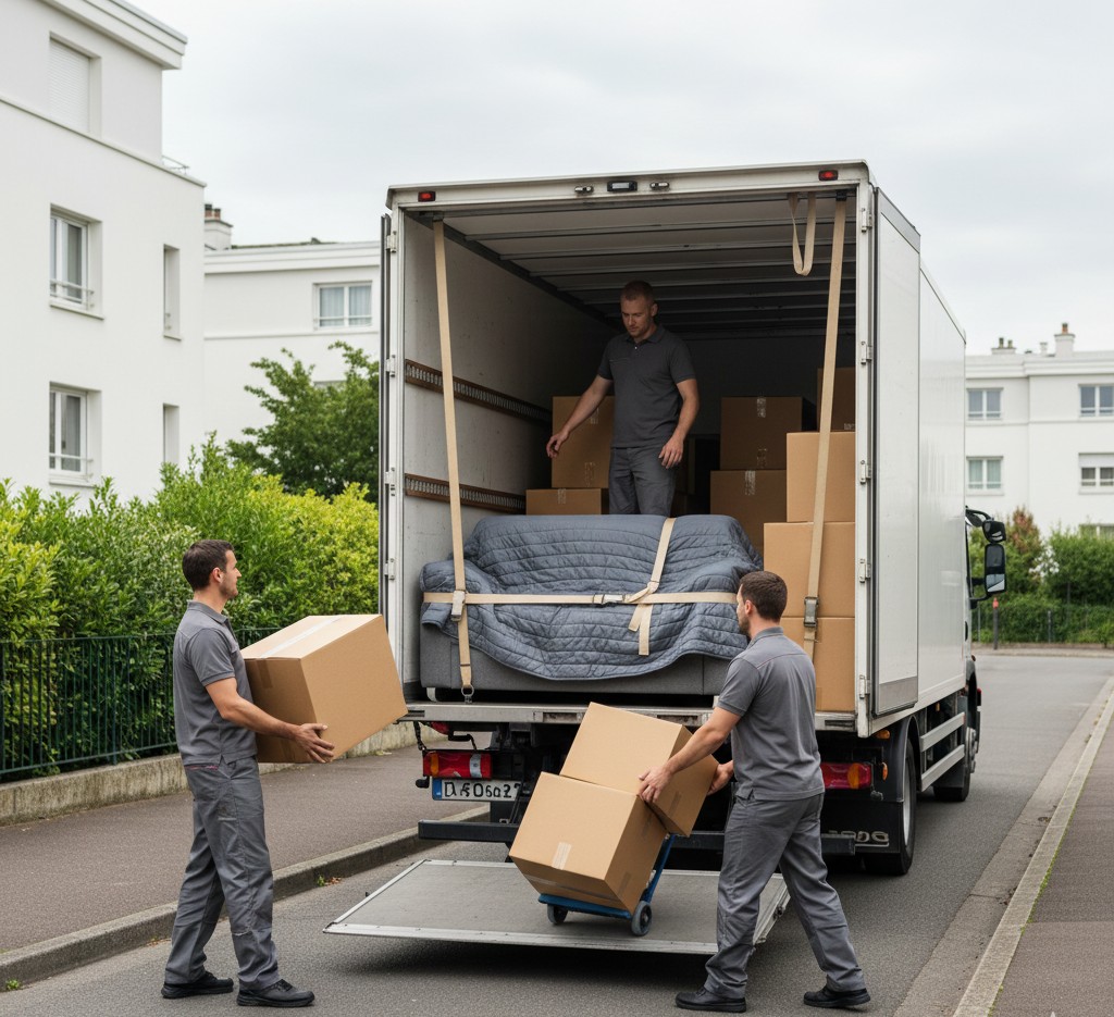 Chargement camion demenagement meubles proteges cartons Vaulx-en-Velin